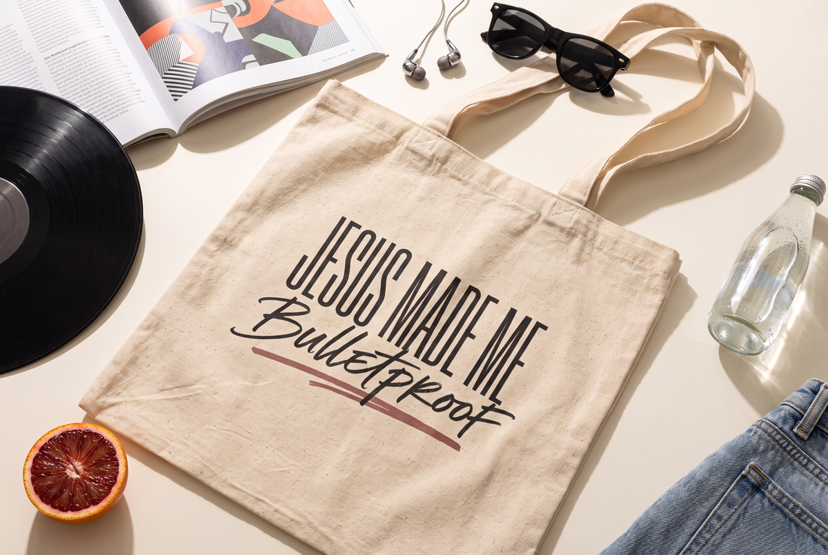 Jesus Made Me Bulletproof Tote Bag, Faith Inspired Canvas Bag, Christian Gift