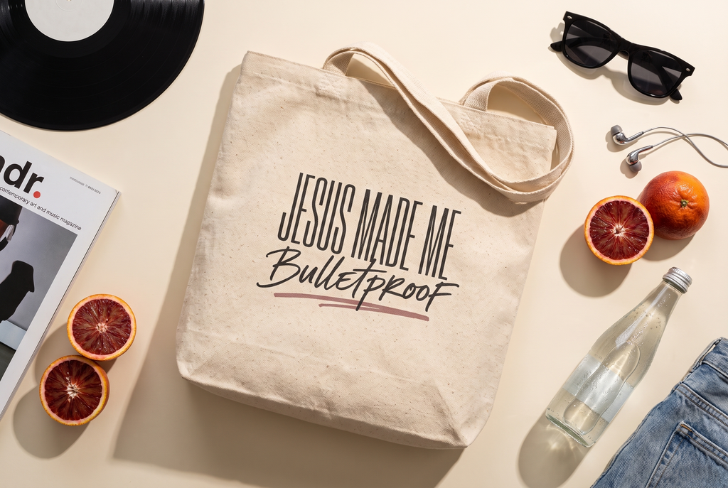 Jesus Made Me Bulletproof Tote Bag, Faith Inspired Canvas Bag, Christian Gift